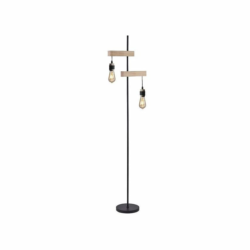 Bon marché ✨ Paris prix DETROIT Lampadaire industriel 2 tetes en bois - 40 x 25 x H150 cm - Noir - Ampoules décoratives E27 40W fournies 🎁