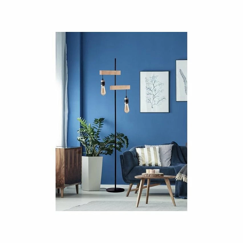 Bon marché ✨ Paris prix DETROIT Lampadaire industriel 2 tetes en bois - 40 x 25 x H150 cm - Noir - Ampoules décoratives E27 40W fournies 🎁 – Image 2