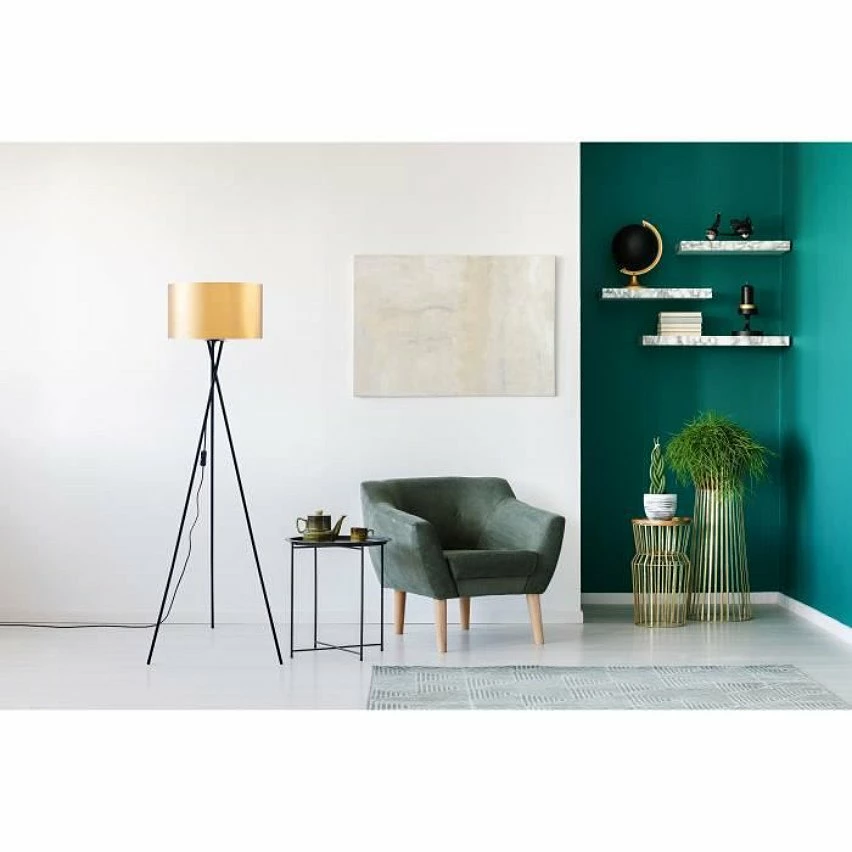 Bon marché 😀 Paris prix Lampadaire Trépied Métal Noir - Abat jour Doré et Chromé - D 34 x H 140 cm ✔️ – Image 2