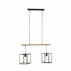 Remise 😀 Atmosphera Luminaire Suspension 2 Lampes en Métal Noir et Bois d'Acacia ✨