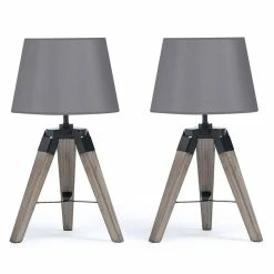 Vente flash ⌛ IDMARKET Lot de 2 lampes de chevet d'appoint HILDA sur pied en bois foncé grises 😀