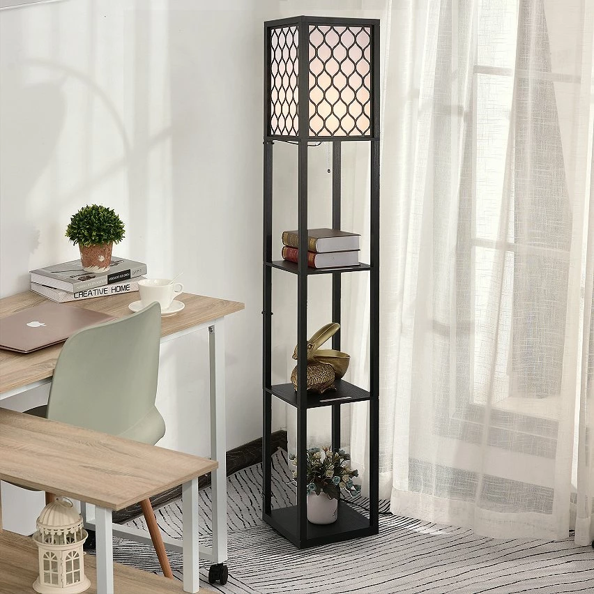 Tout neuf 👏 Homcom Lampadaire étagère lampe étagère 26L x 26l x 160H cm 3 étagères 4 niveaux MDF noir motif nid d'abeille ❤️ – Image 2