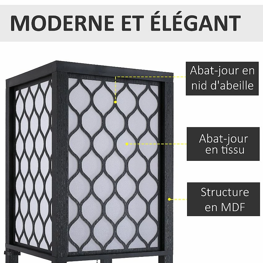 Tout neuf 👏 Homcom Lampadaire étagère lampe étagère 26L x 26l x 160H cm 3 étagères 4 niveaux MDF noir motif nid d'abeille ❤️ – Image 4