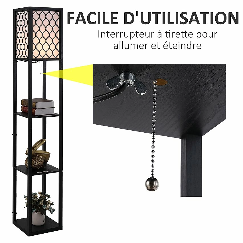 Tout neuf 👏 Homcom Lampadaire étagère lampe étagère 26L x 26l x 160H cm 3 étagères 4 niveaux MDF noir motif nid d'abeille ❤️ – Image 5