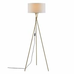 Vente flash 👏 Altobuy VARSK - Lampadaire Blanc 140cm Piètement Trépied Métal Doré 💯