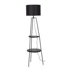 Grosses soldes ✨ Altobuy CIRCLE - Lampadaire en Métal Noir 2 Etagères Abat-Jour en Tissu Noir ⭐