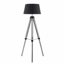 Nouveau 😀 Altobuy LIAM - Lampadaire Trépied en Bois Gris et Abat-Jour Tissu Noir 🎉