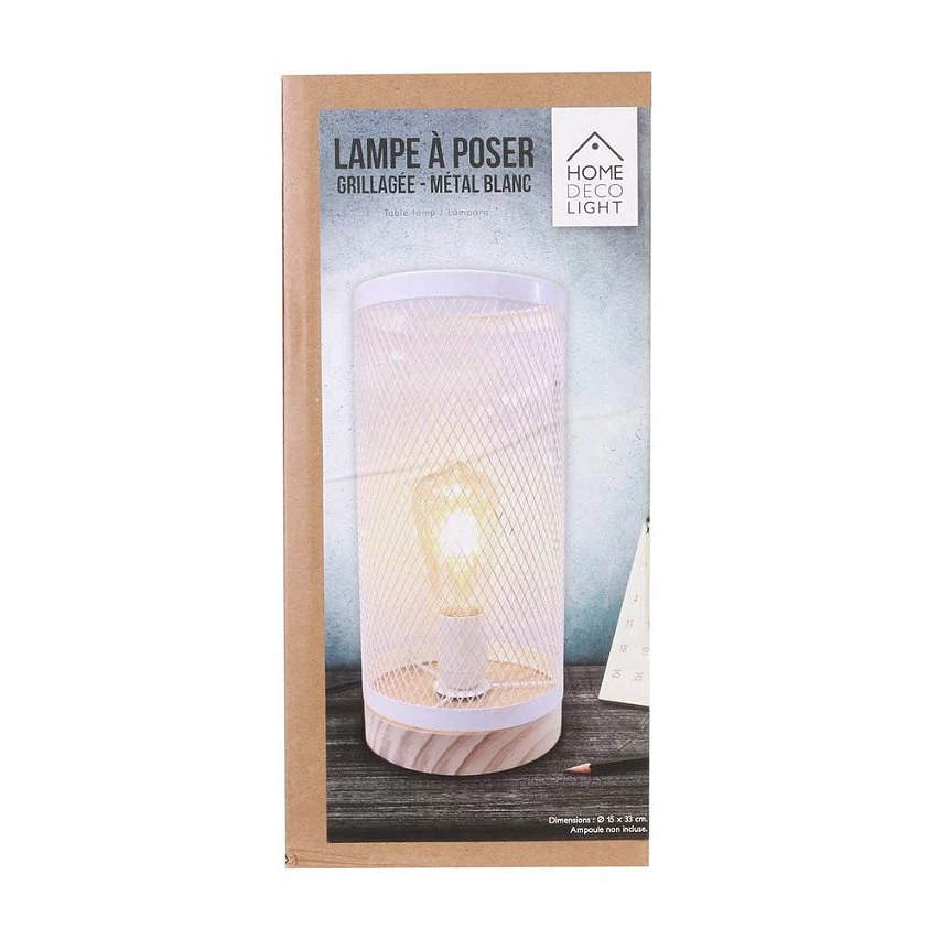 Vente flash đ The Home Deco Light Lampe cylindrique mĂ©tal grillagĂ© socle en bois blanc âš â Image 2