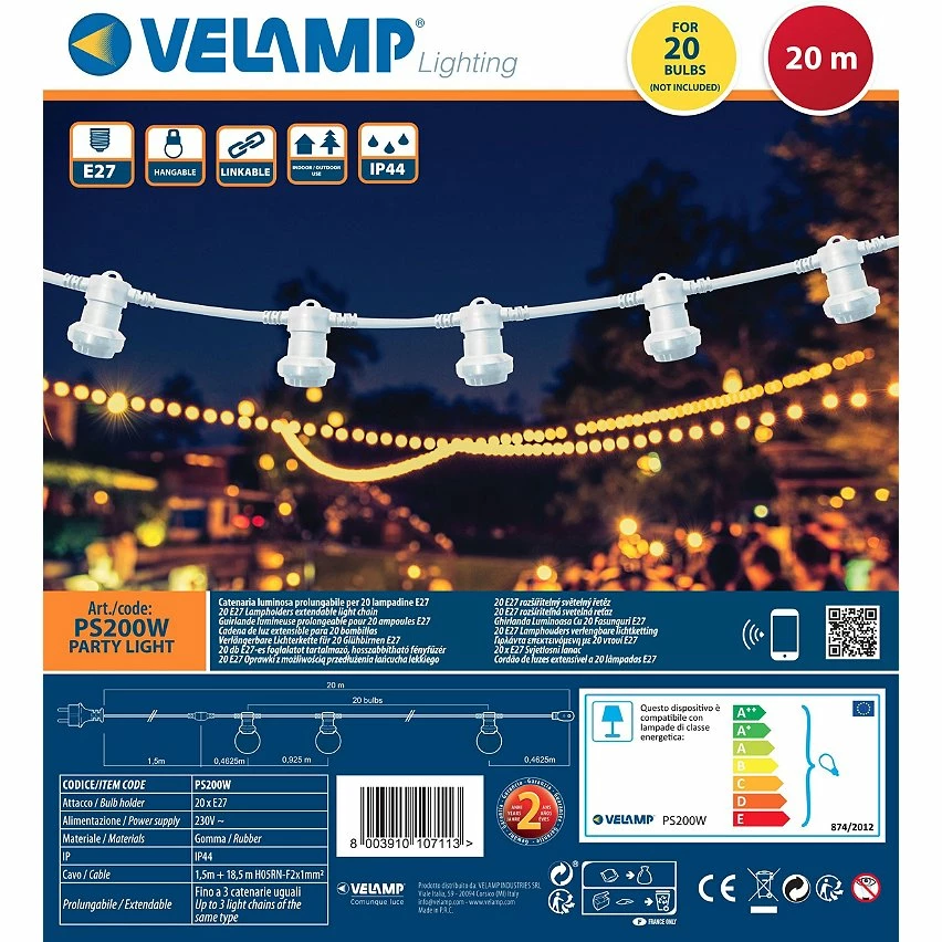 Le moins cher 😉 VELAMP PARTY LIGHT: Guirlande IP44 prolongeable 20m, 20 douilles E27, blanc ✨ – Image 5