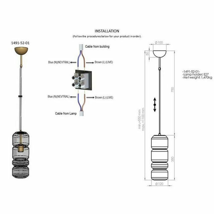 Acheter 🥰 Homemania Lampe à Suspension Kanu - Or, Transparent - 12 x 12 x 110 cm 💯 – Image 3