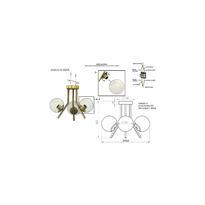 Bon marché 😉 HOMEMANIA Lampe de Plafond Korta - Or - 47 x 47 x 35 cm 🌟 – Image 3